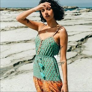 Boho Floral Gypsy Print Dress Button Up Turquoise